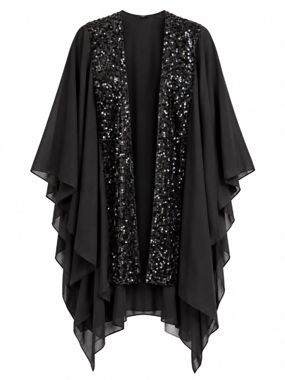 Marc New York Andrew Marc Black Sequin Trim Sheer Chiffon Open Front Shawl Wrap